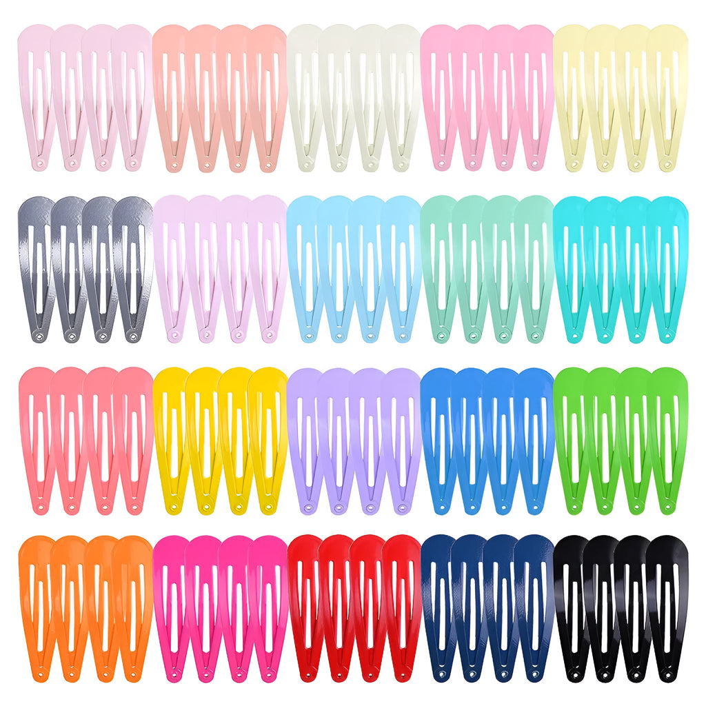 80 metal hair clips in 20 different colours spread out, each measuring 2 inches.