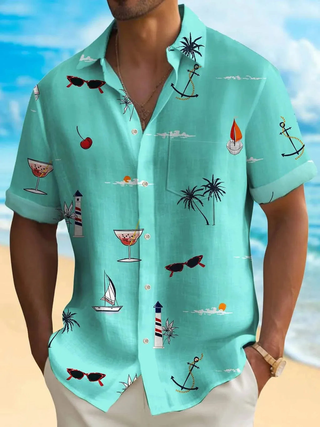 Man wearing a loose-fit short-sleeve Hawaiian shirt with a digital print pattern.