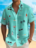 Man wearing a loose-fit short-sleeve Hawaiian shirt with a digital print pattern.