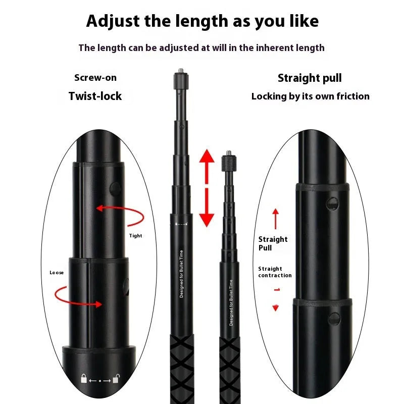 360 selfie stick with rotating handle, aluminium alloy and carbon fibre rod options, 0.7m to 3m lengths