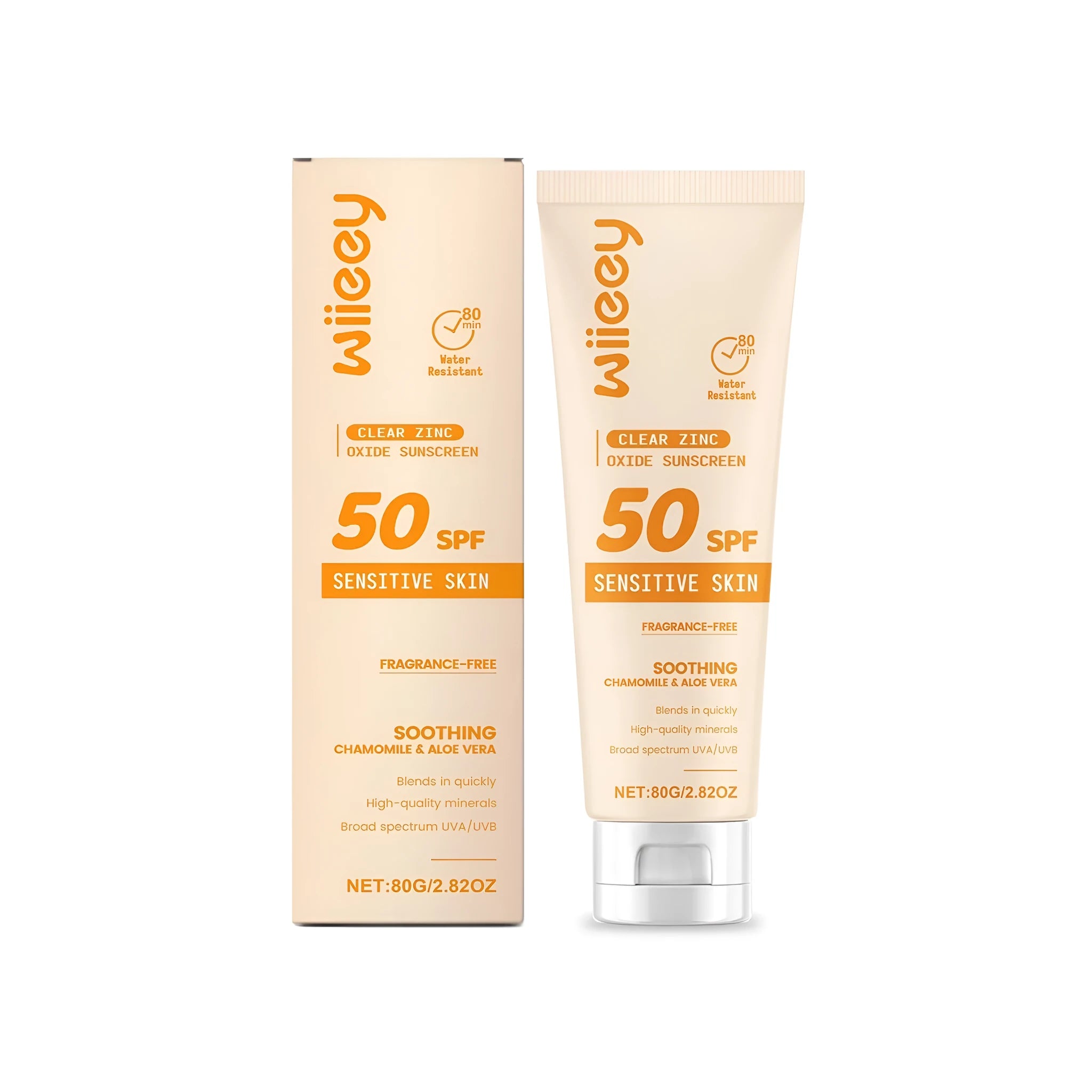 80g tube of clear zinc oxide and titanium dioxide mineral sunscreen cream.