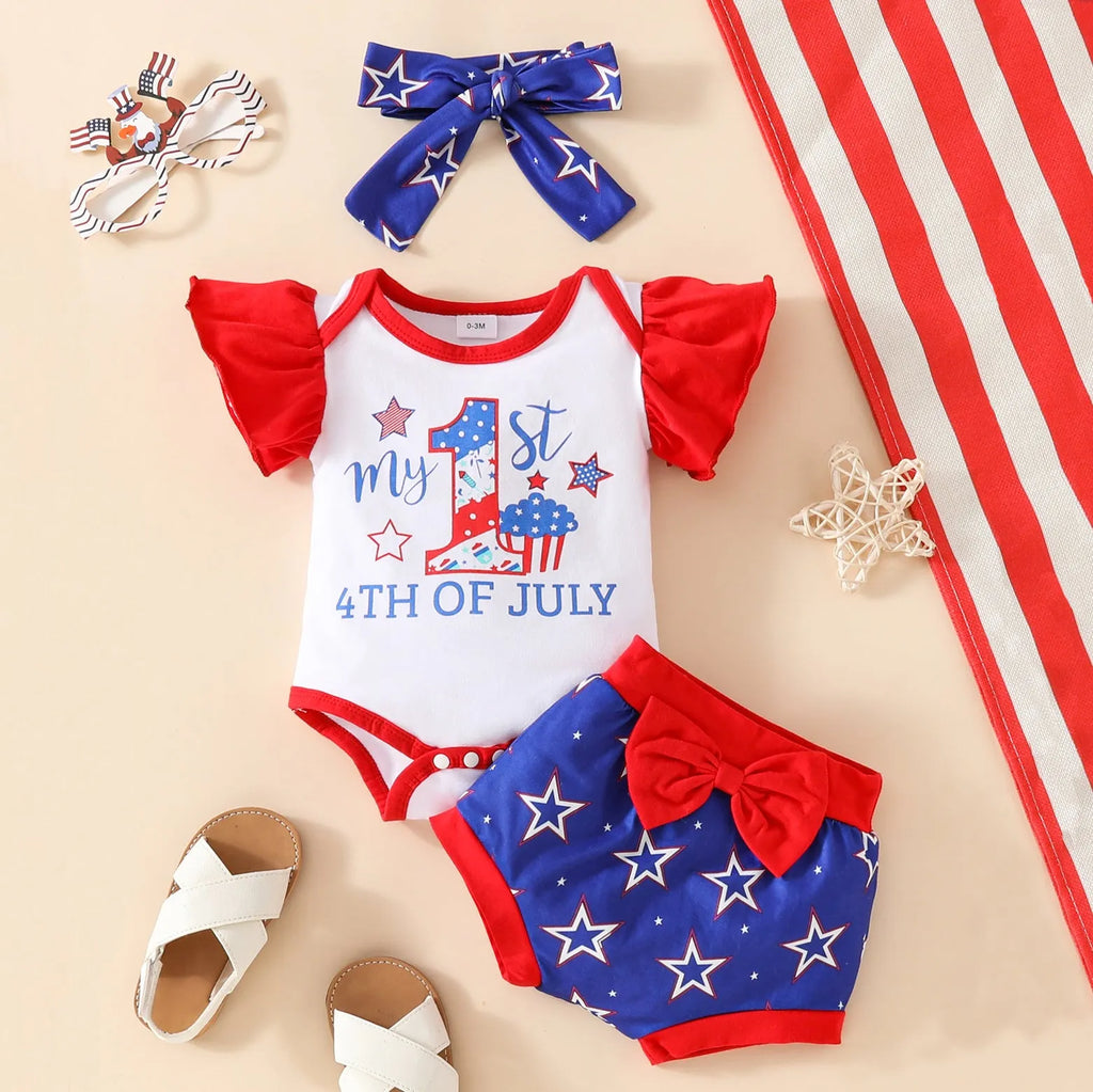 Baby sleeveless shorts suit three-piece set in red or blue polyester knit for infants 0-18 months