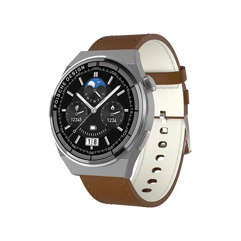 A circular black smartwatch with a silicone strap displaying a home screen on its 1.39-inch tempered glass display.