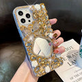 Handmade silicone phone case with rhinestone mirror diamond bow flower design in aura bright white flower for iPhone