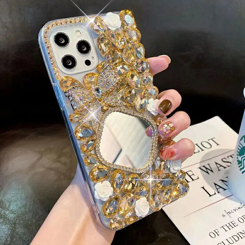 Handmade silicone phone case with rhinestone mirror diamond bow flower design in aura bright white flower for iPhone
