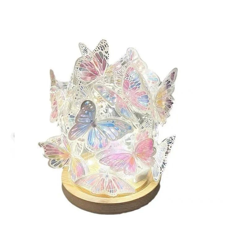 DIY butterfly night lamp kit with glass shade and raw wood base, 12x15cm size