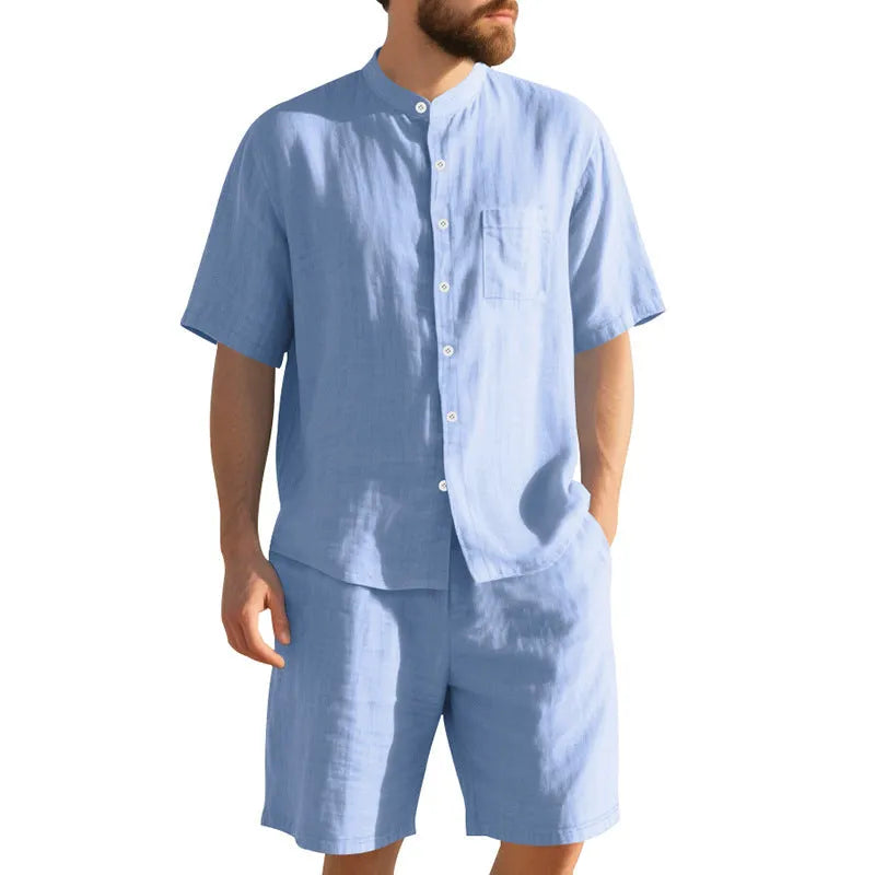 Men's linen two-piece suit with Henry collar short sleeve shirt and matching shorts in various colours