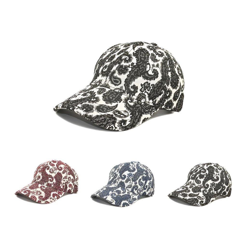 Paisley pattern printed baseball cap in blue with dome crown style on a white background.