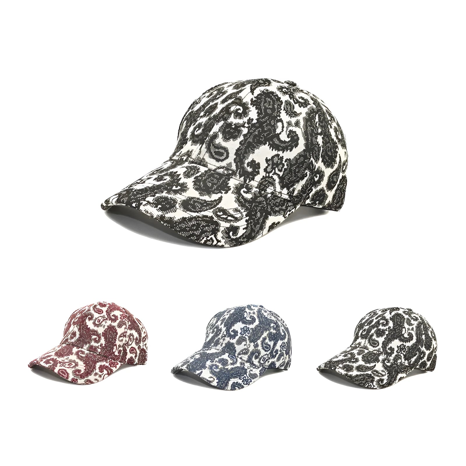 Paisley pattern printed baseball cap in blue with dome crown style on a white background.