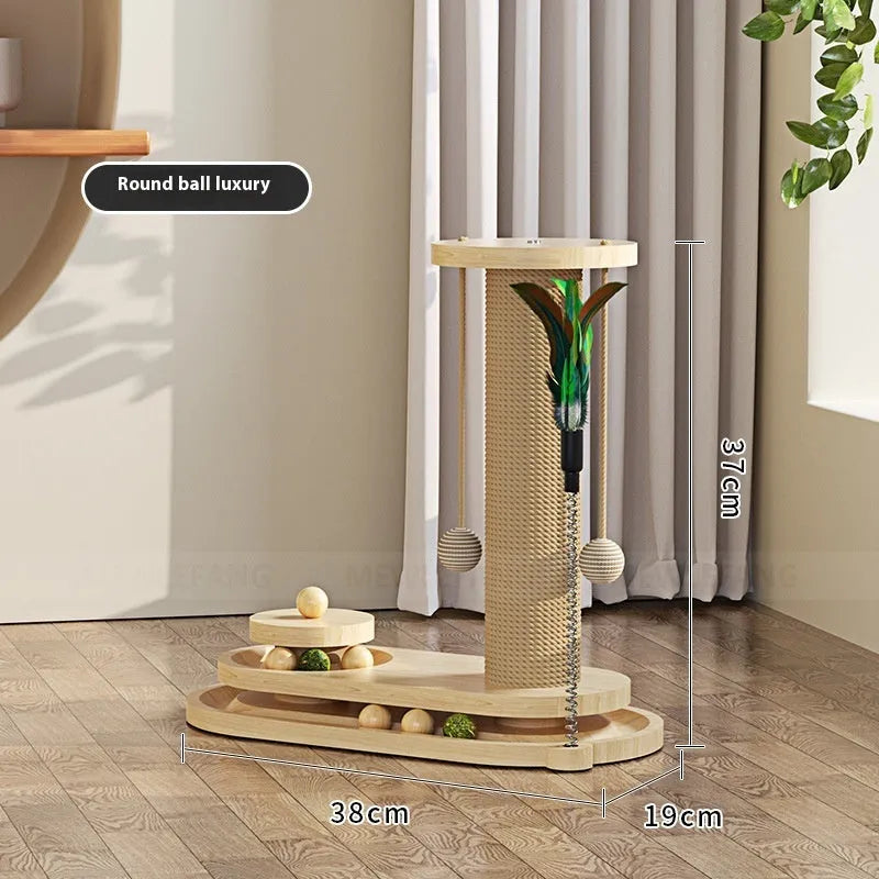 Solid wood cat turntable scratching post with elliptical spinning platform and climbing frame