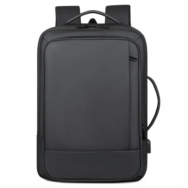 Black waterproof Oxford cloth backpack with Derm leather detailing and curved shoulder straps