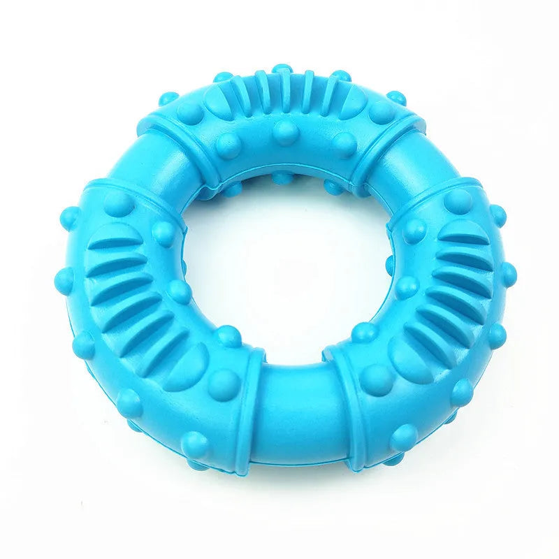 Blue hollow dog fetching stick toy for catch and fetch games on grass.
