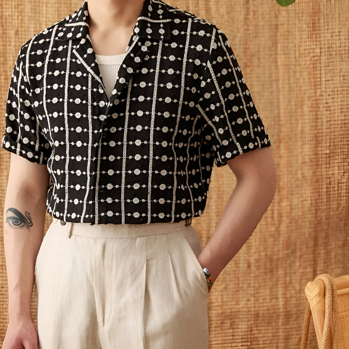 Black 100% cotton men's short sleeve Cuban collar shirt with single-breasted placket and embroidered printed detailing