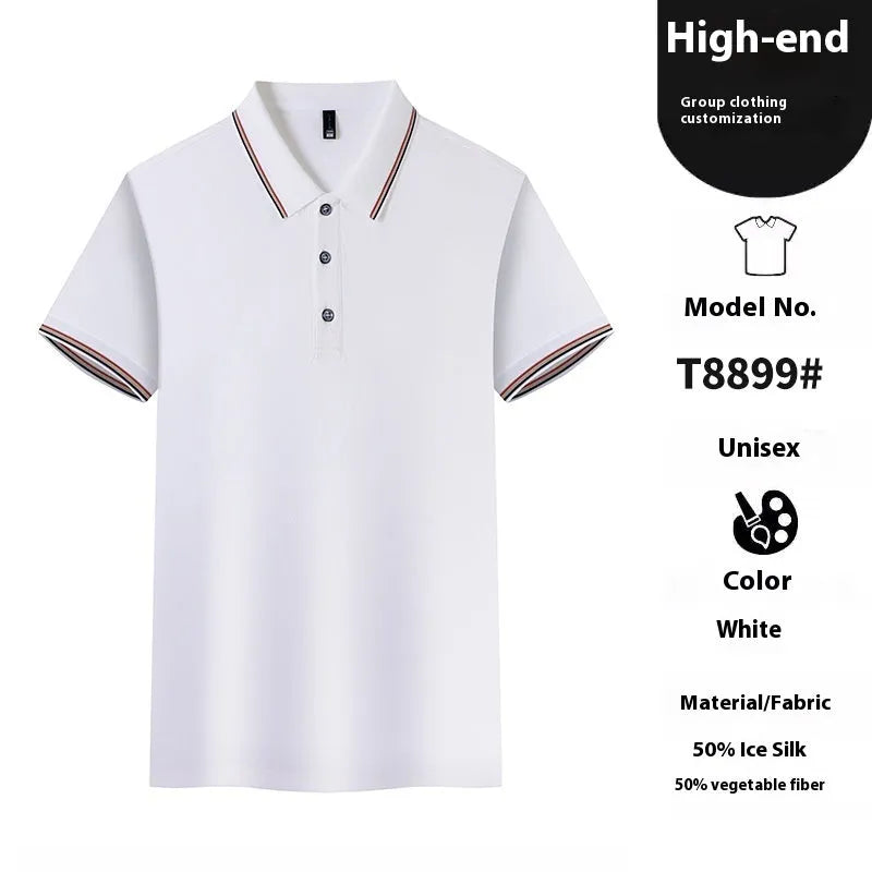 Ice silk polo shirt in solid colour on hanger, showing button placket and collar.