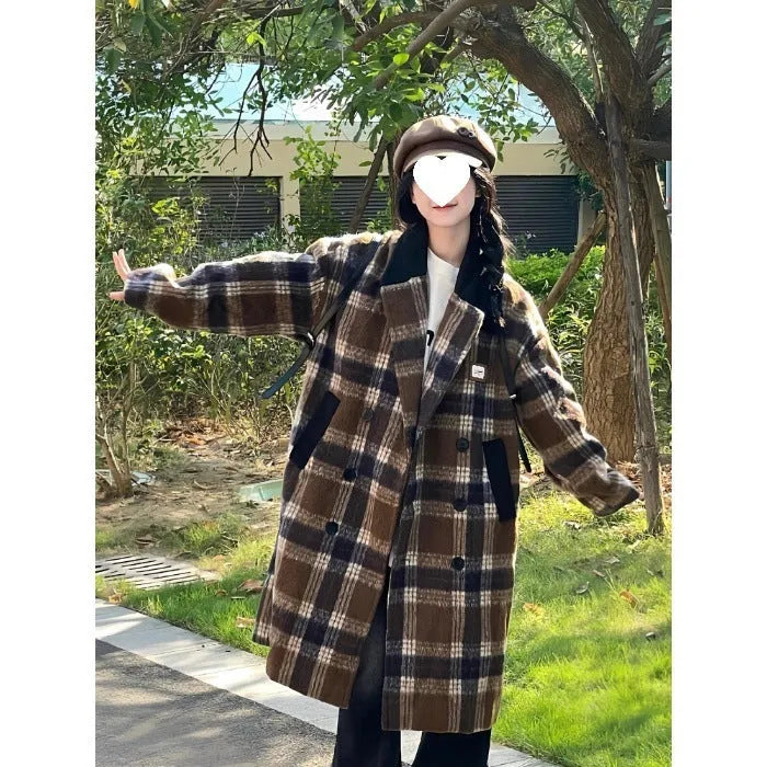 Women's Korean-style plaid coffee woolen overcoat with short straight fit and half sleeves