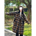 Women's Korean-style plaid coffee woolen overcoat with short straight fit and half sleeves