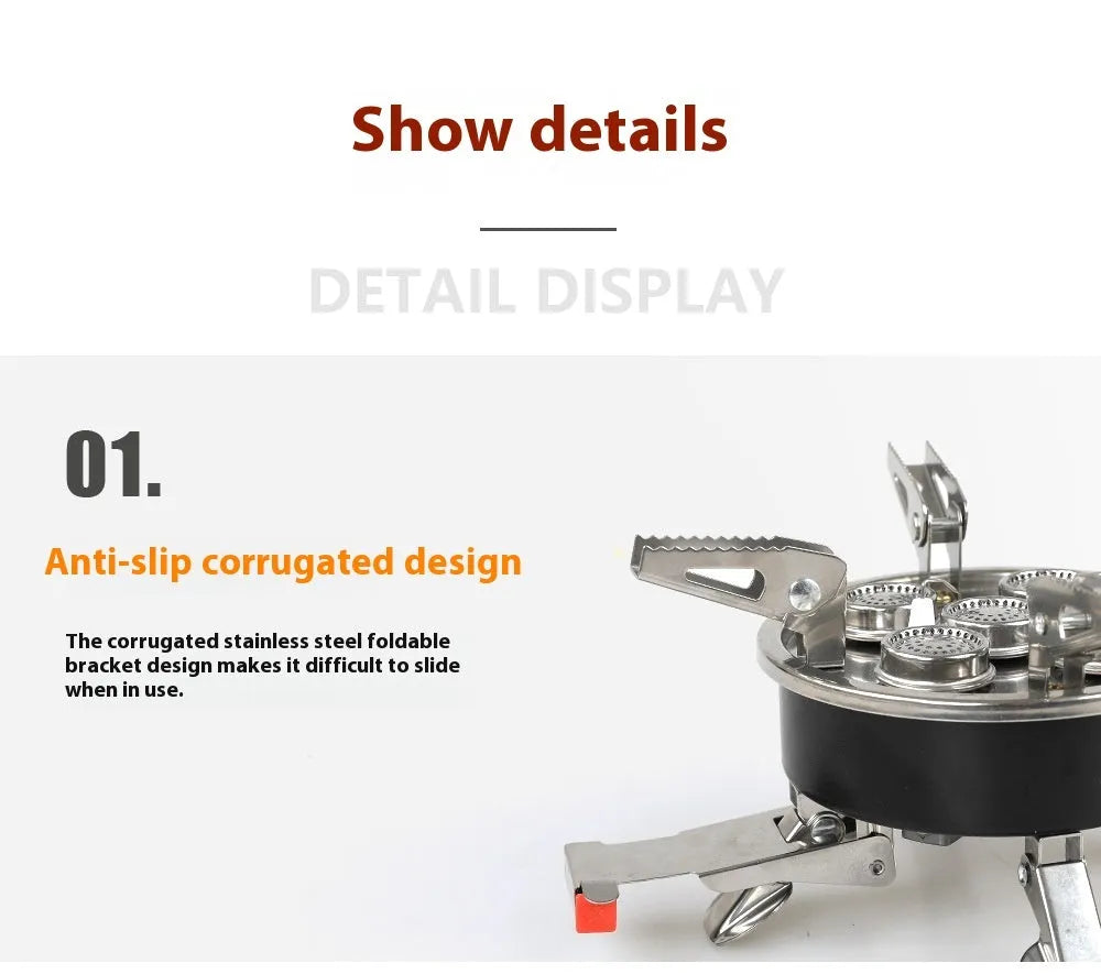 Silver portable split camping stove with fuel hose, shown folded to compact size for transport.
