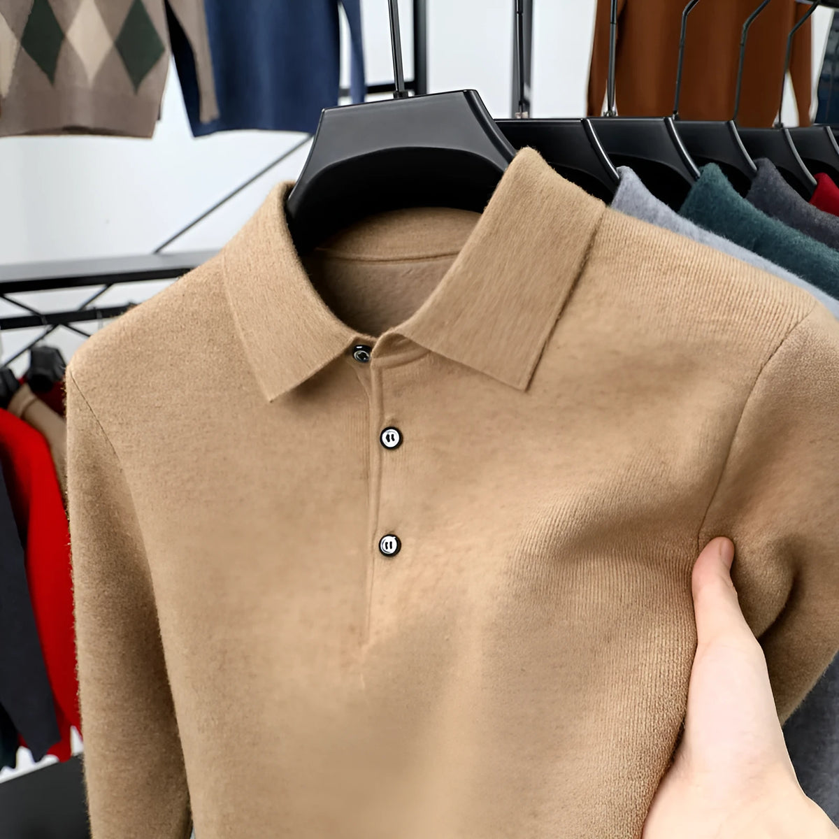 Men's long sleeve polo shirt knitwear with turn-over collar in camel, light gray, or blue gray, sizes 165-190