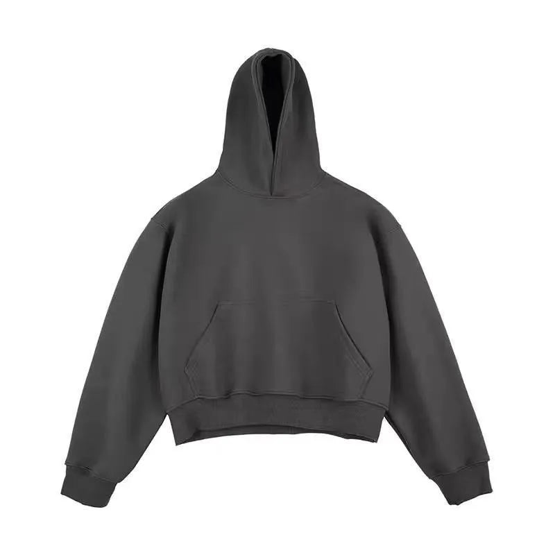 Short grey Chinese cotton velvet hooded sweater with long sleeves and a removable hood on a hanger.