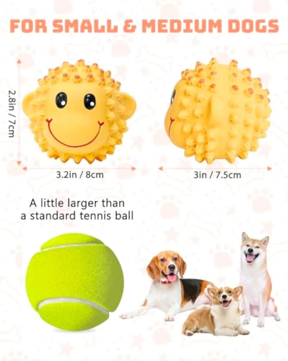 Set of four spiky orange and yellow latex squeaky animal dog toys for fetch and teeth cleaning.