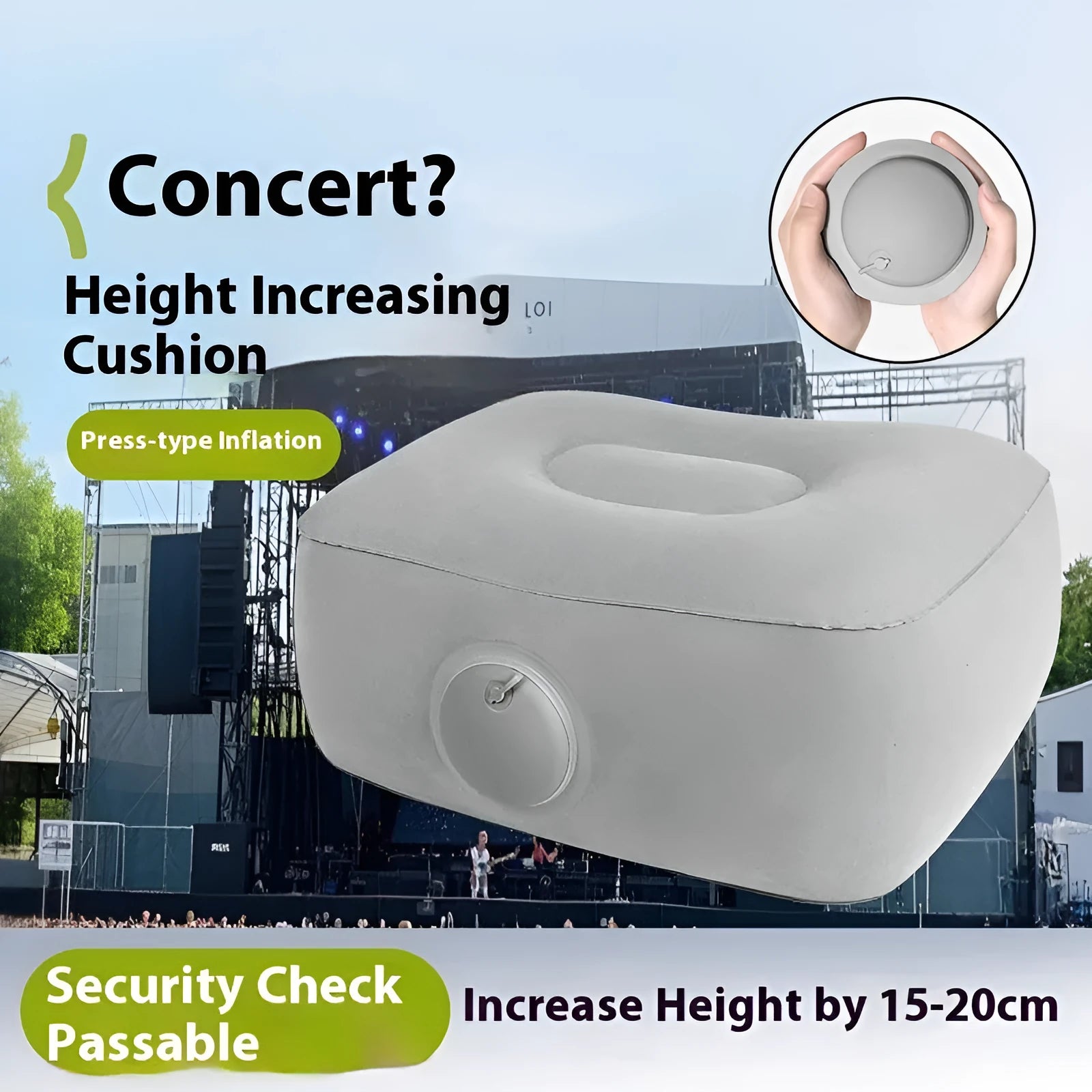 Press inflatable height increasing cushion showing folded portable design and flocking material texture