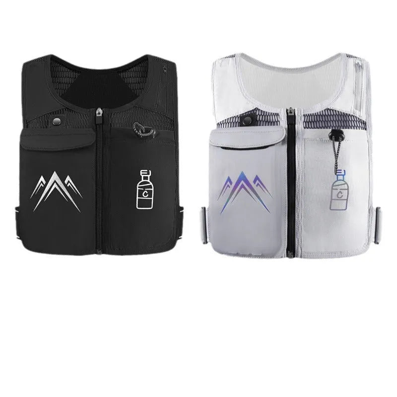 Black breathable mesh sports running vest with a front chest pocket for a mobile phone.