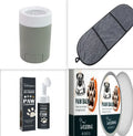 Dog foot mat care solution set with 100ml sole care solution, claw paste, washing cup, and towels on a tabletop