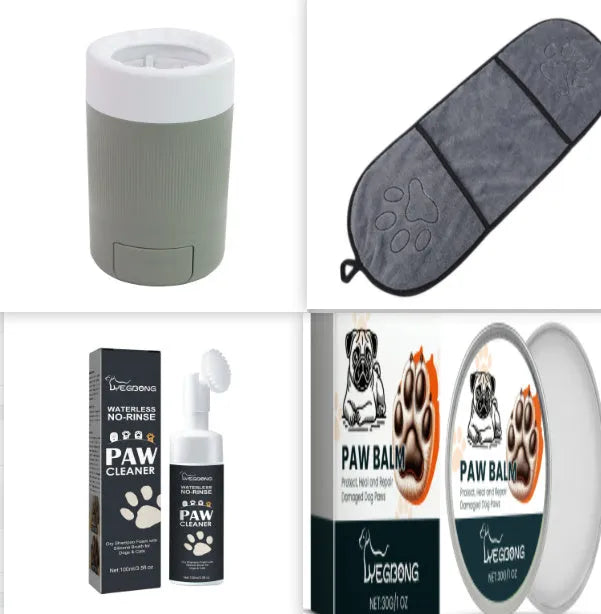 Dog foot mat care solution set with 100ml sole care solution, claw paste, washing cup, and towels on a tabletop