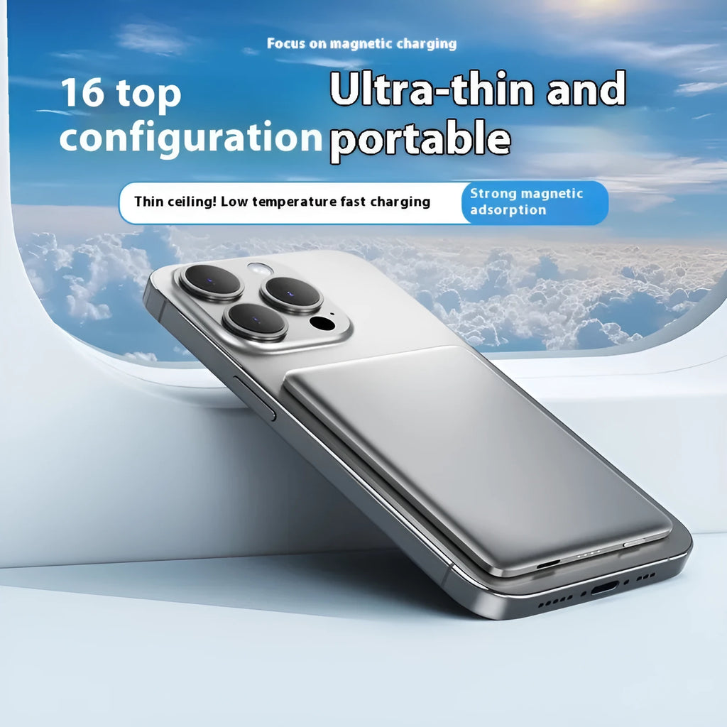 Gun grey magnetic wireless power bank with alloy shell showing ultra-thin 9mm profile