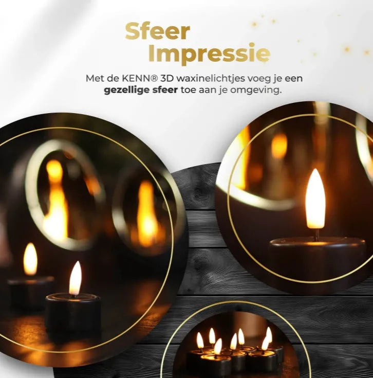 Four black S10 LED tealight candles showing flickering light, next to a ruler showing 4.1cm width.