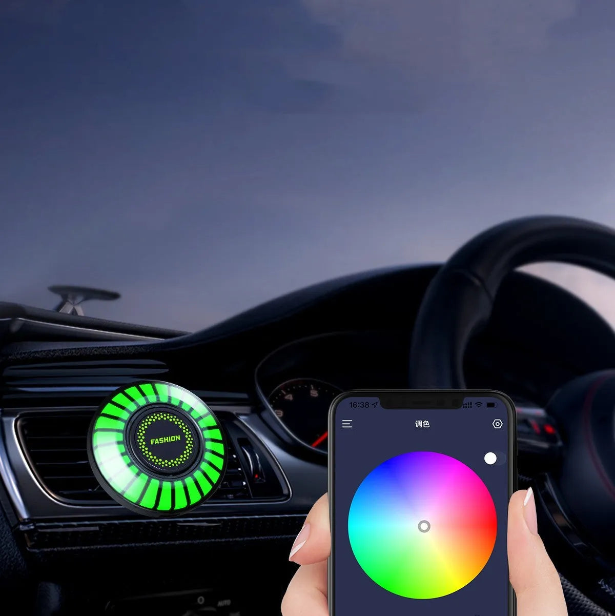 Car air vent clip-on aromatherapy unit with RGB 3D projection light.