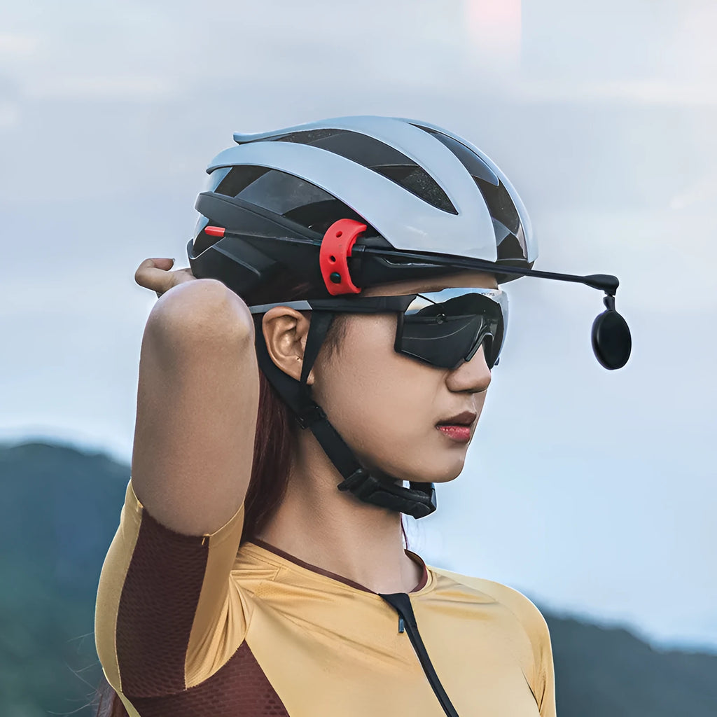 Bicycle helmet rearview mirror with aluminium rod and acrylic mirror, shown in Black and Black and Red colour options