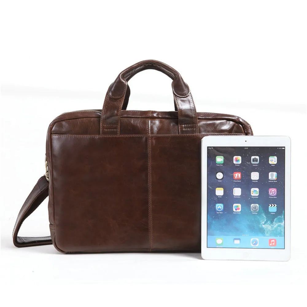 Brown 18-inch men's business briefcase in first layer cowhide leather with computer compartment