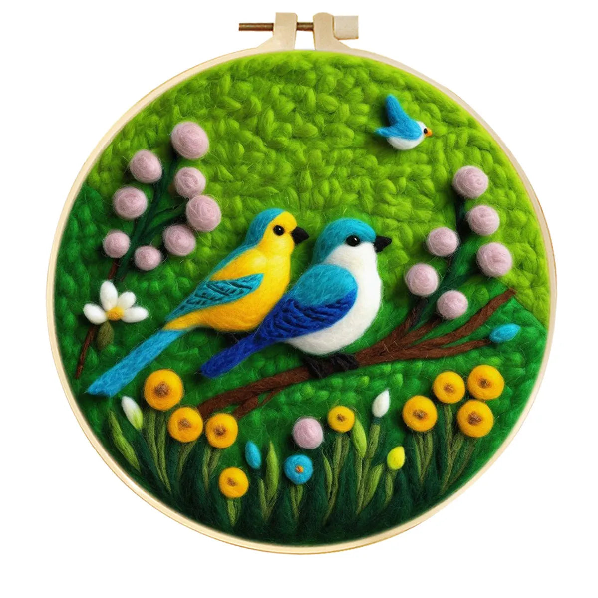 Round linen embroidery frame with wool felt floral decoration kit for three-dimensional wall art