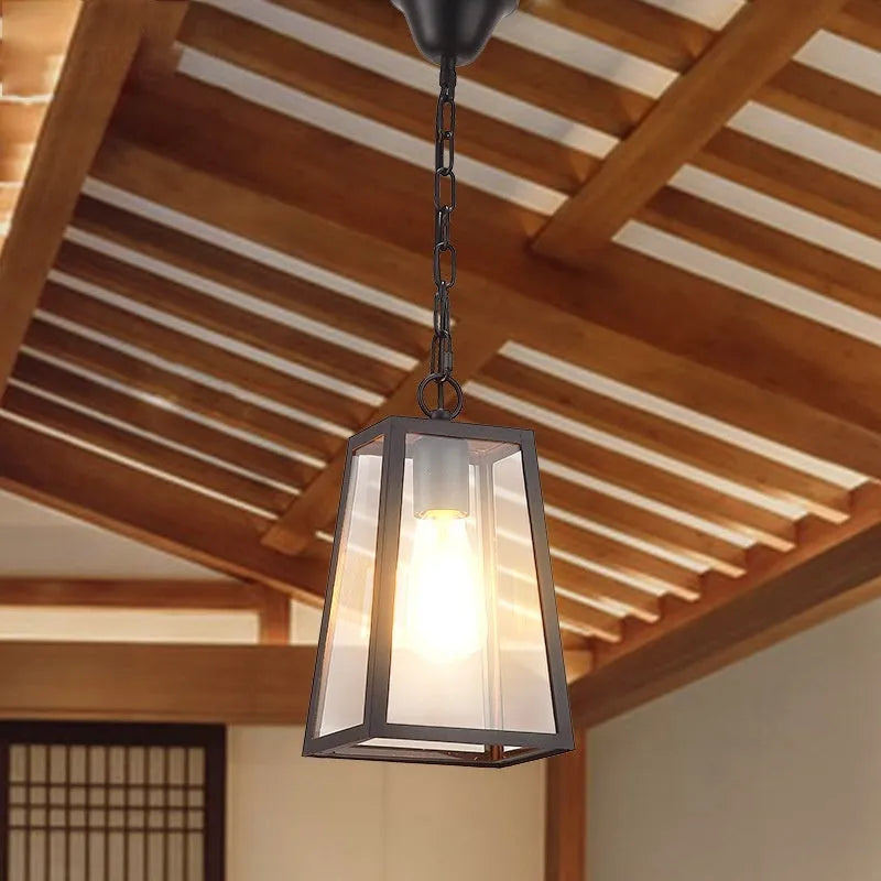 Sand black modern simplicity courtyard outdoor chandelier with trapezoidal glass shade and Edison bulb