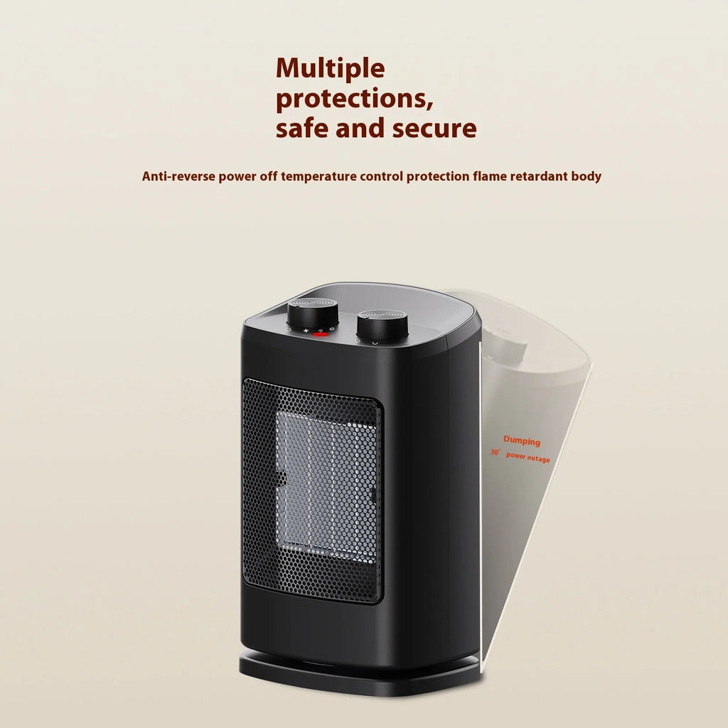 Black desktop PTC ceramic electric heater, 16.2 x 12.8 x 26.8 cm, 1000W-1500W, three fan speeds