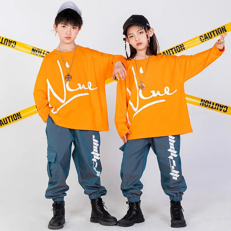 Children's cotton hip-hop clothing set in orange, black, grey-blue or pink, loose dance wear for boys and girls