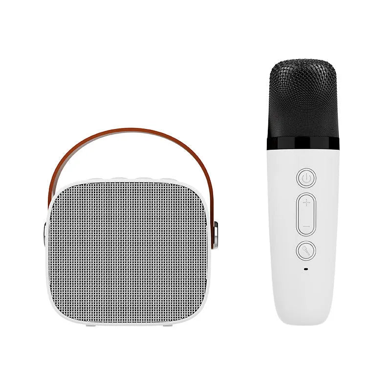 Compact white portable Bluetooth speaker with microphone for wireless audio and hands-free calling