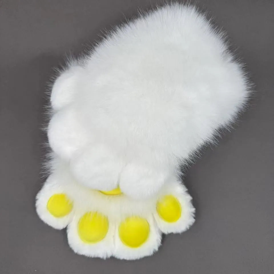 A pair of colourful animal claw cosplay gloves in nylon material on a neutral background.