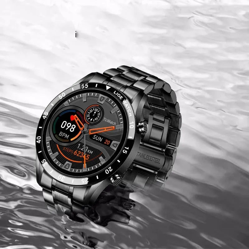 Smart watch with 1.3 inch touch screen, stainless steel wristband, 46mm dial, black or silver, with USB cable