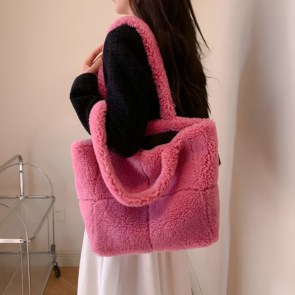 Women's plush furry tote handbag in solid colour with single shoulder strap, 42x30x16cm