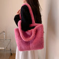 Women's plush furry tote handbag in solid colour with single shoulder strap, 42x30x16cm