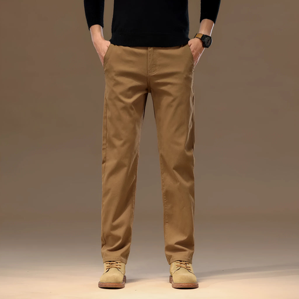 Men's cotton denim straight leg pencil trousers in black, mid waist zip fly, relaxed fit flat lay