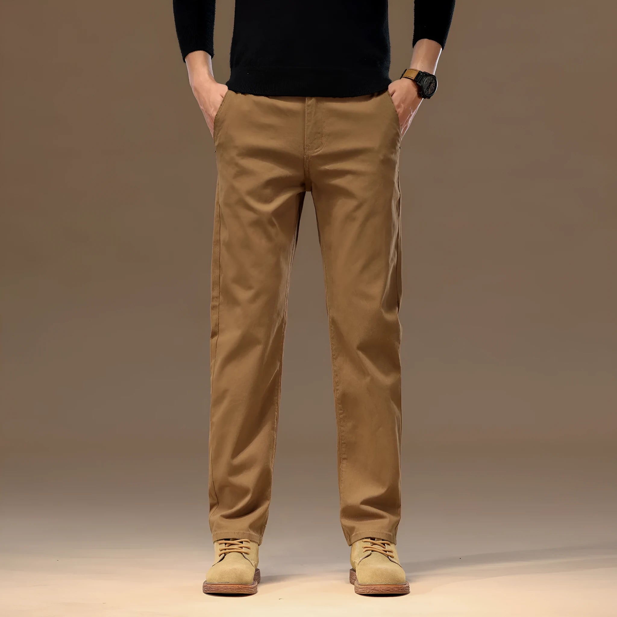 Men's cotton denim straight leg pencil trousers in black, mid waist zip fly, relaxed fit flat lay
