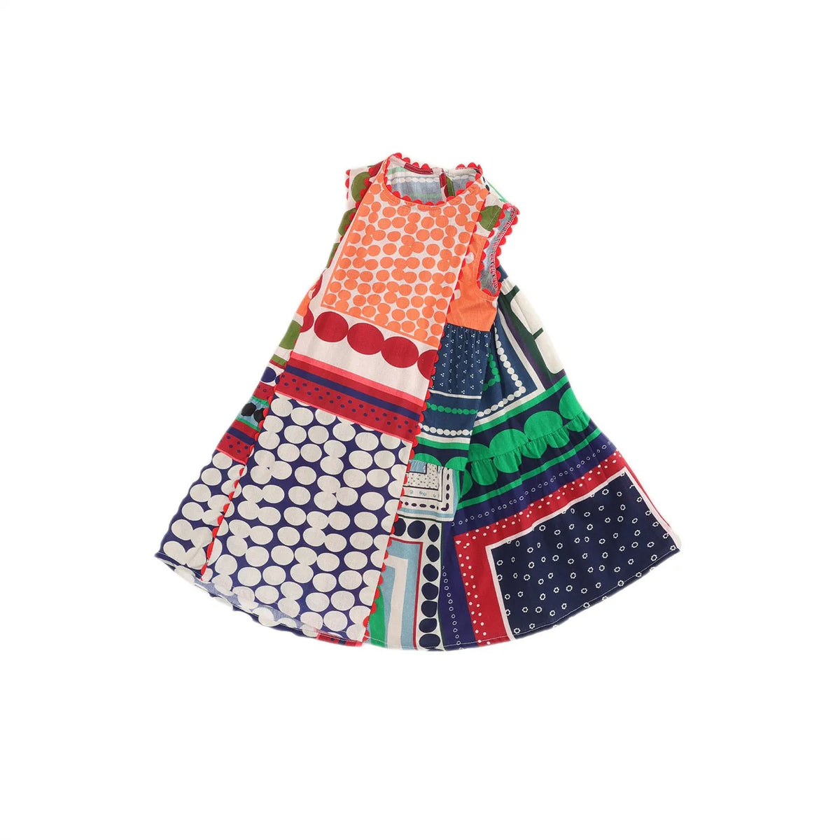 Girls sleeveless cotton dress with abstract colour contrast patchwork in skirt colour, suitable height 90cm to 140cm