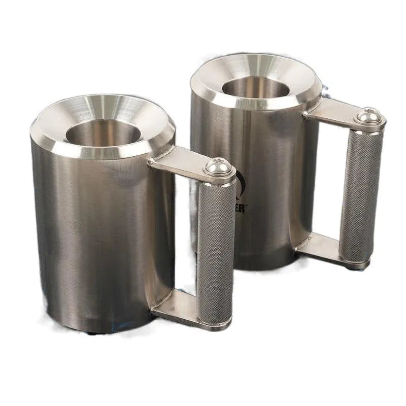 Silver coloured cast iron dumbbell cup for barbell, 8kg weight capacity.