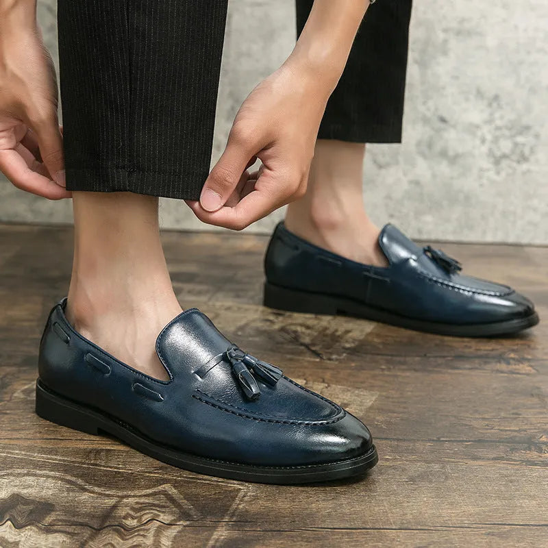 Men's tassel slip-on shoes, low top artificial PU upper, black brown blue, sizes 38 to 46