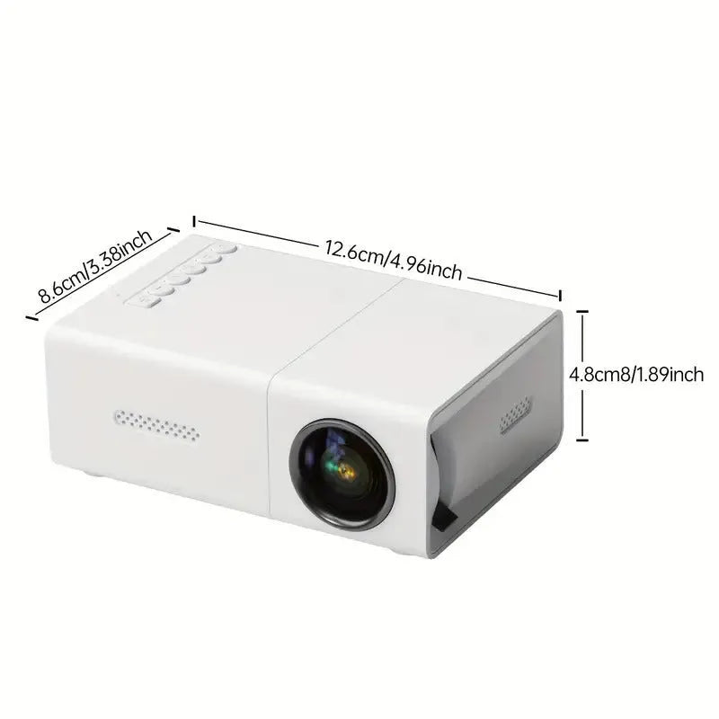 White and black M100 portable LED mini projector with remote control on a table.
