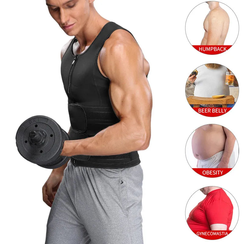 Men's double-belt waist trainer vest in black neoprene, front view, showing adjustable belts