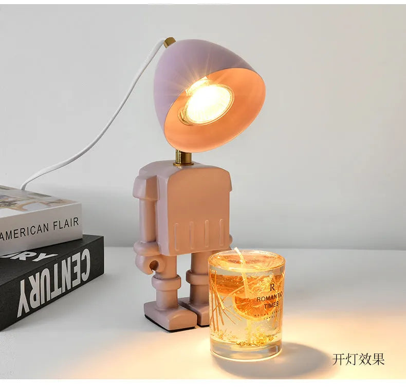 Robot aromatherapy wax lamp in white with resin hardware, dimmable fragrance table lamp 30.5cm tall